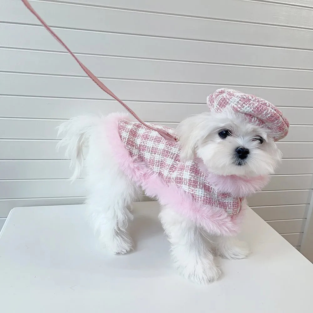 Pink polyester cat traction clothing set with cape, beret, and hand-holding rope in five sizes
