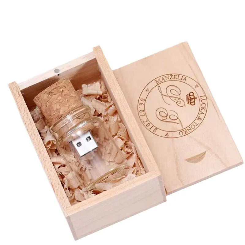 Transparent wooden wish bottle USB drive showing internal wood element, 60mm long.
