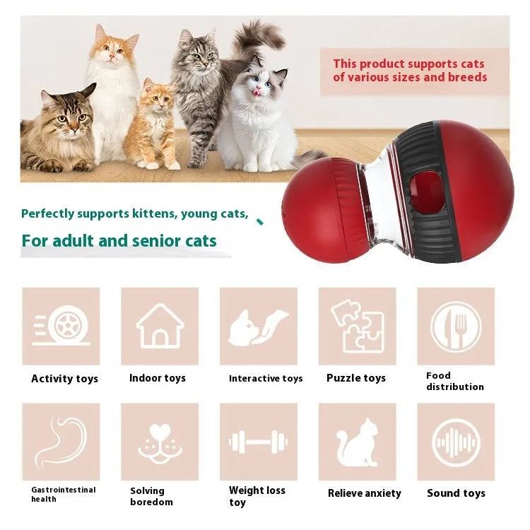 Rotating plastic cat toy ball with food compartment and sound mechanism for indoor pet play