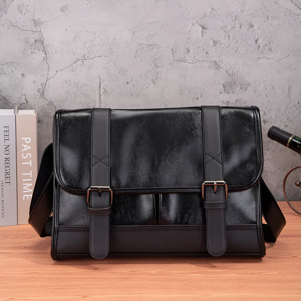 Black Korean style men's anti-theft backpack made from PU leather with visible sewing thread detailing.