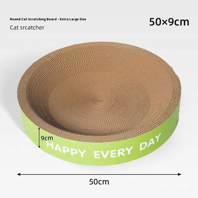 Green round cat scratching board nest bed with removable cushion, shown in 50cm and 55cm size options.