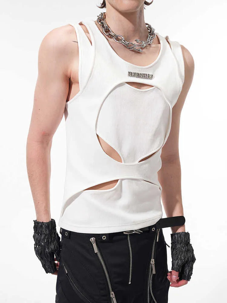 Men's sleeveless waistcoat vest in black or white with round neck and hollow thread construction