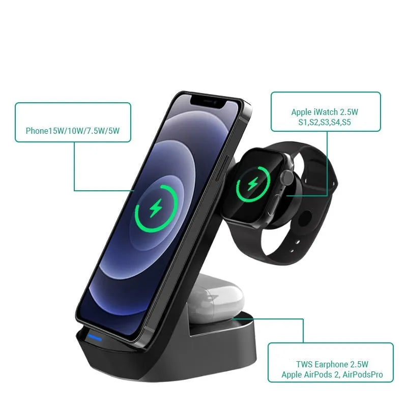 Black grey foldable 3-in-1 wireless charger vertical stand with phone, watch and headphone charging areas