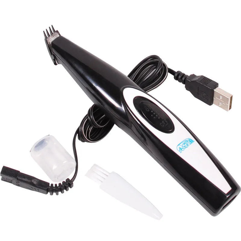 Black USB rechargeable pet hair trimmer clipper for cats and dogs with ceramic blade and cleaning brush
