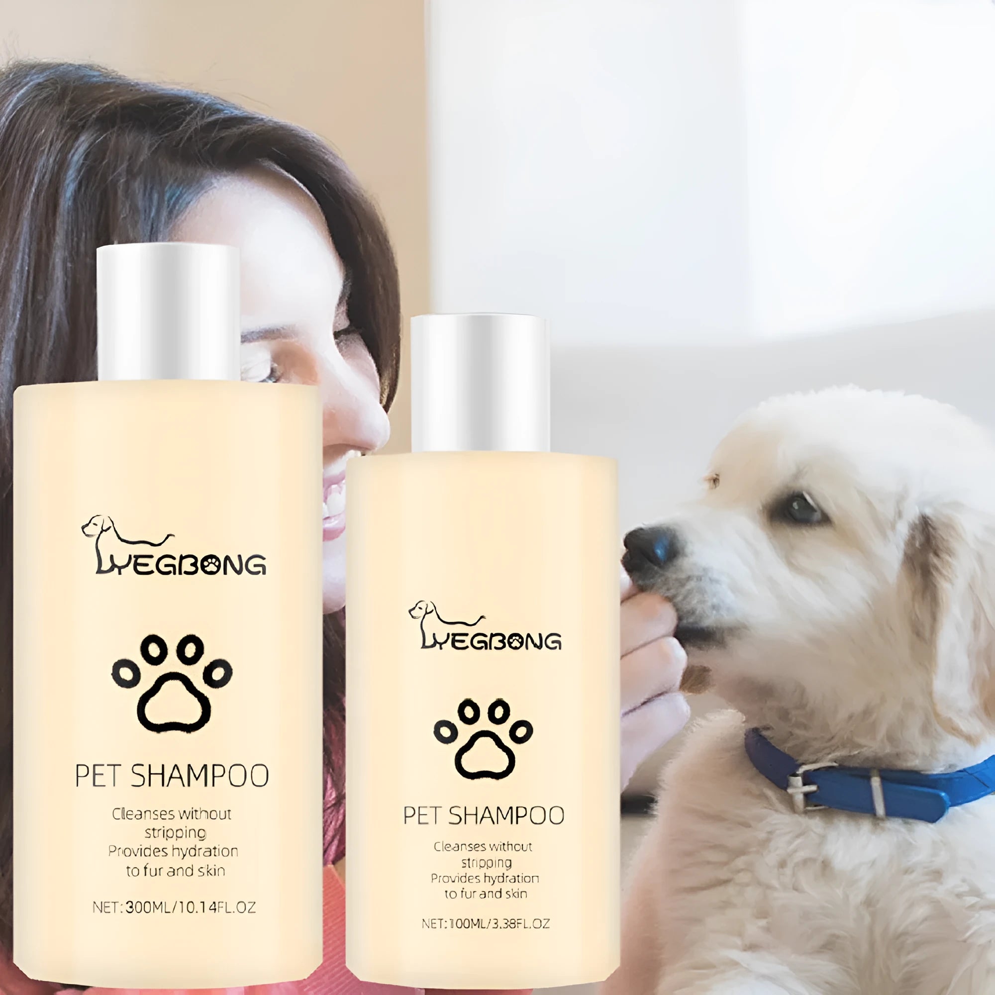 100ml and 300ml bottles of mild pet shampoo for dogs on a white background.