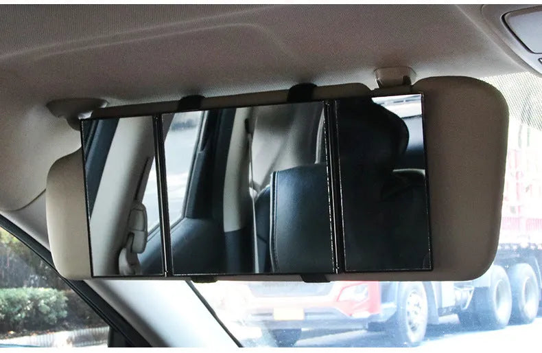 Silver car folding makeup mirror shown open at 30.5x14cm and folded at 15.5x14cm