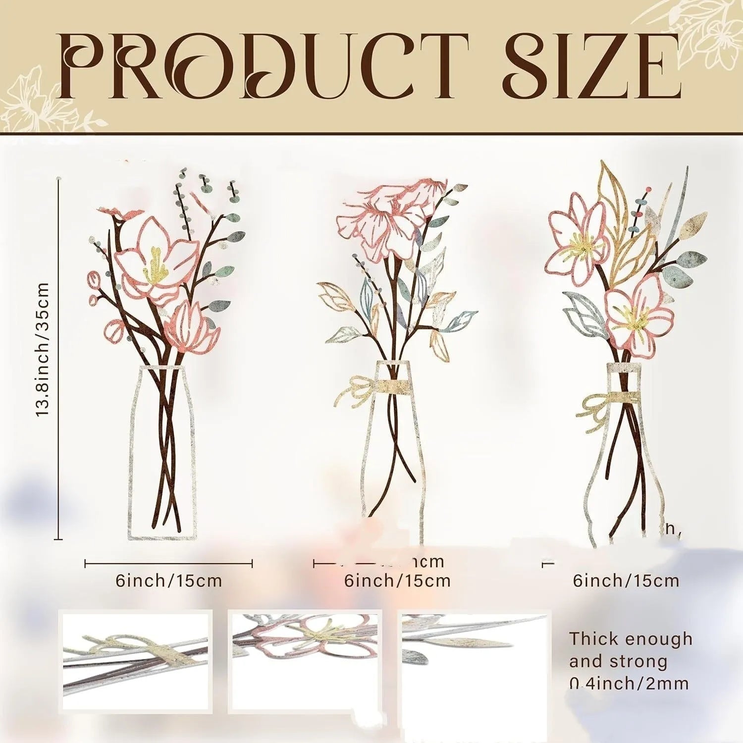 Three-piece metal flowers wall art set in country farmhouse style for bathroom or living room decoration