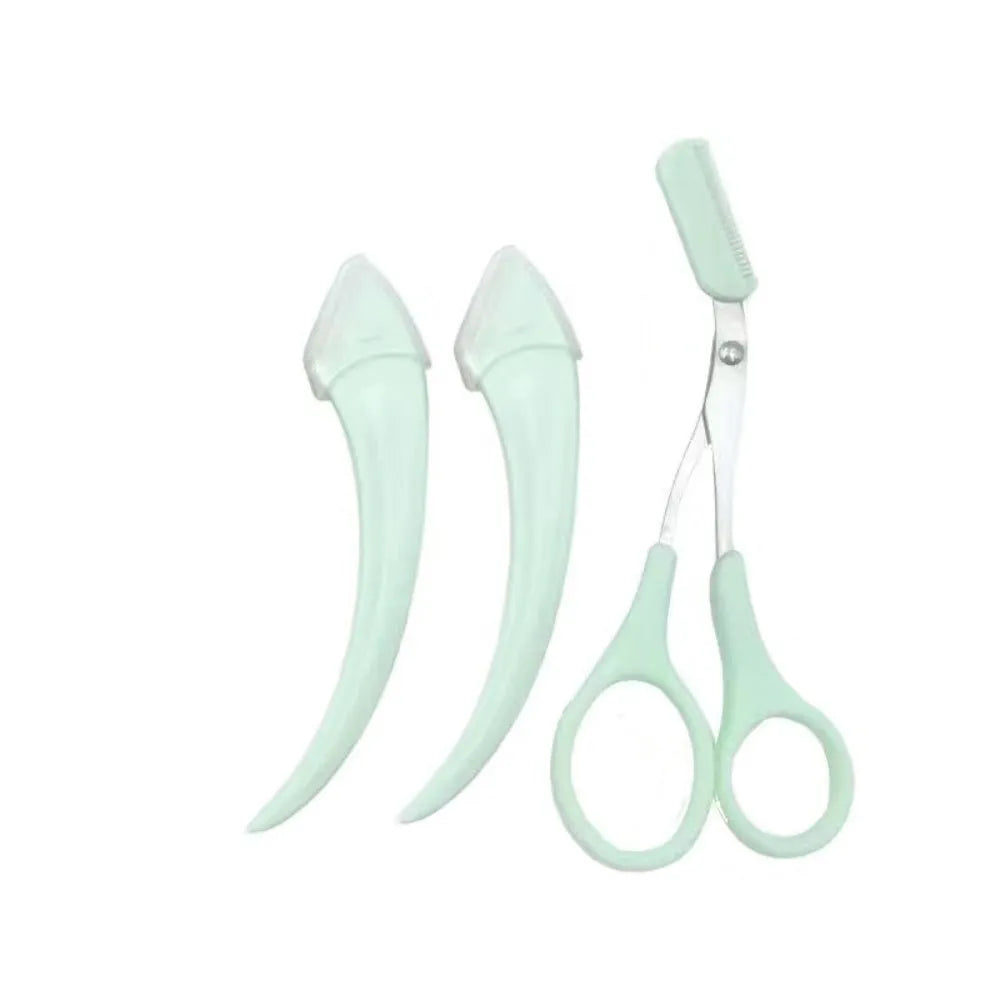 Close-up of a white and pink eyebrow trimming knife with a small comb attached on a plain background.