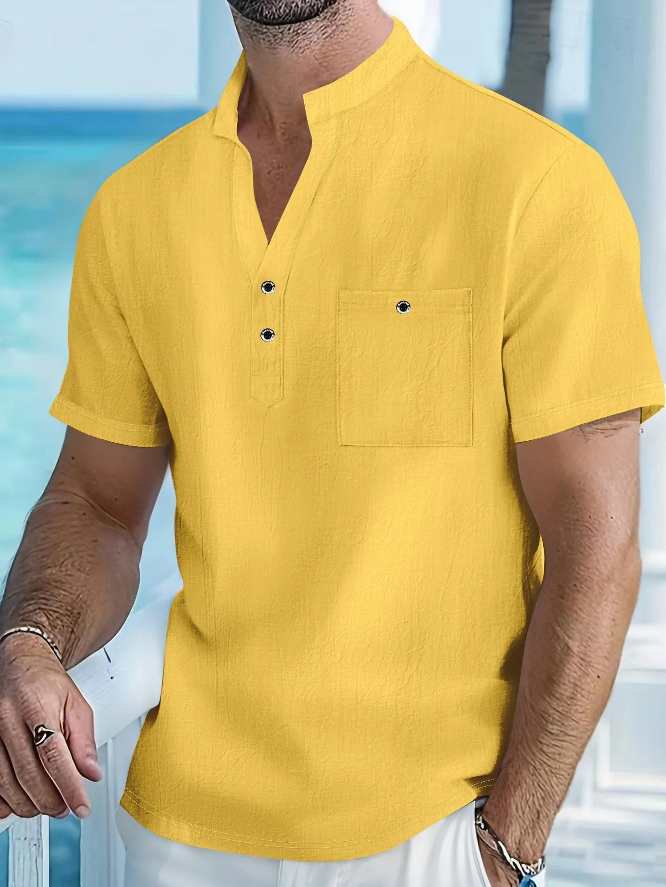 Men's linen blend stand collar short sleeve T-shirt in loose casual fit