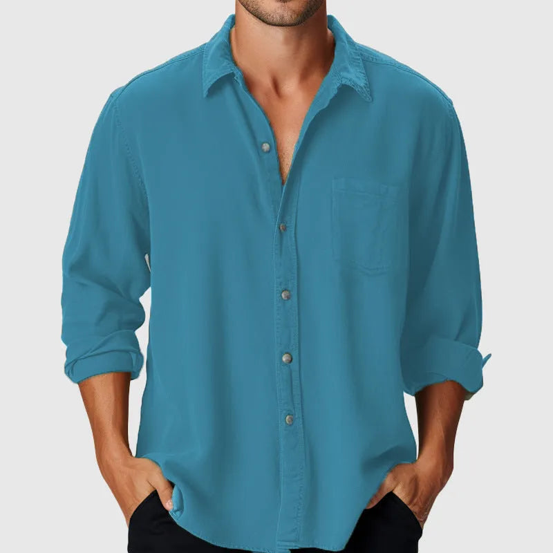 Men's loose fit long sleeve beach shirt with stand collar on a mannequin.