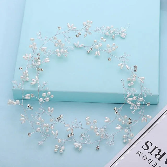 Gold crystal and pearl wedding hair band made with colour-preserving wire, shown at 50cm length.