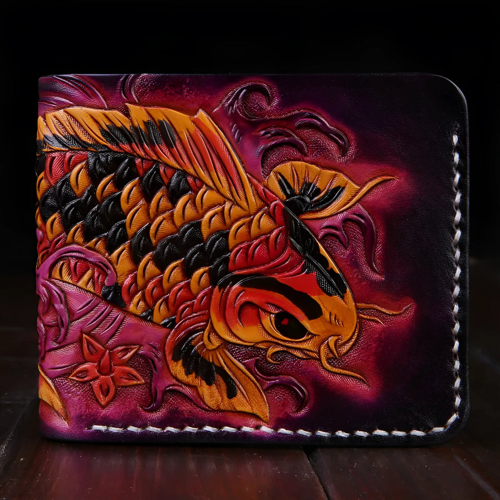 Men's red cow leather short wallet with manual carving and open style, shown next to a blue and gold version.