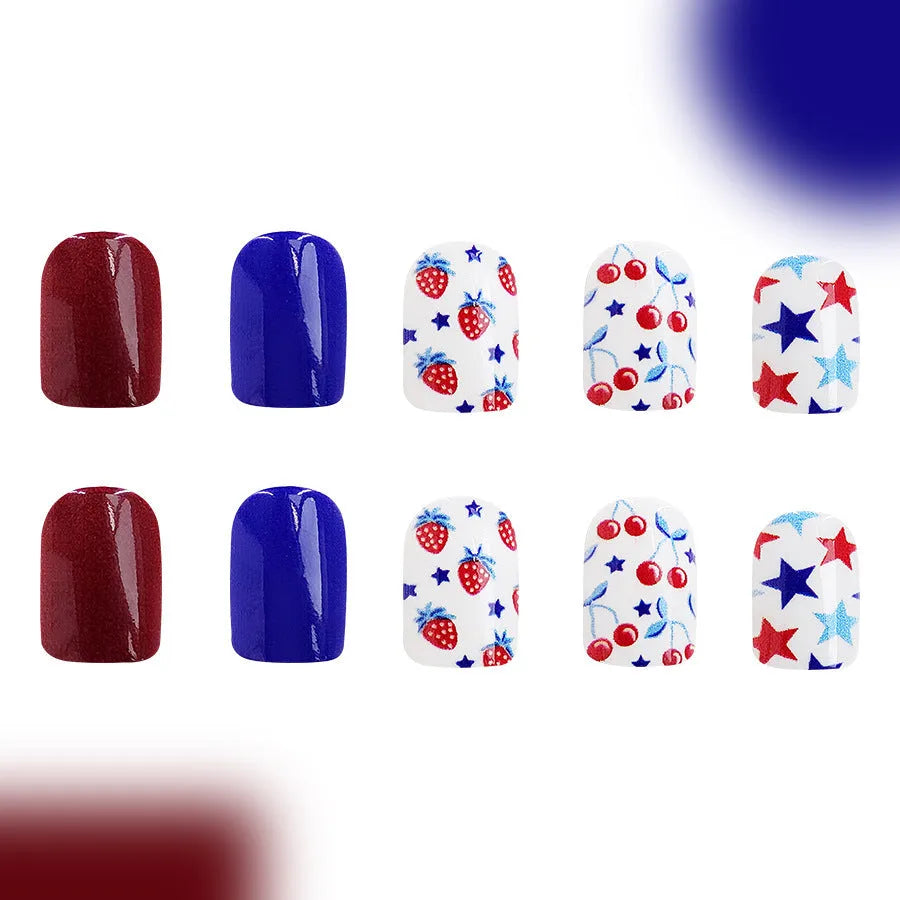 Glossy red and blue strawberry cherry pattern artificial nail stickers for Independence Day