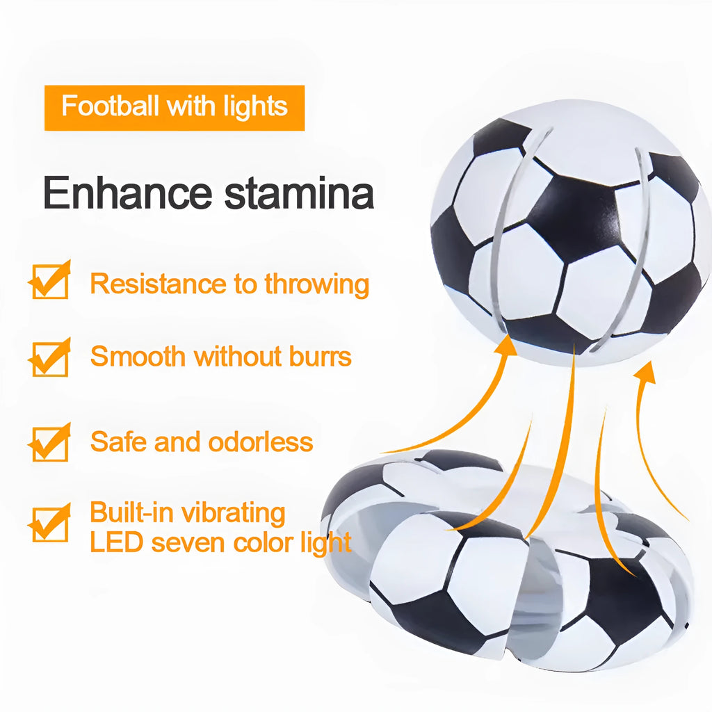 Interactive glowing dog toy ball that transforms to flying disc, shown in orange colour with 9cm diameter measurement
