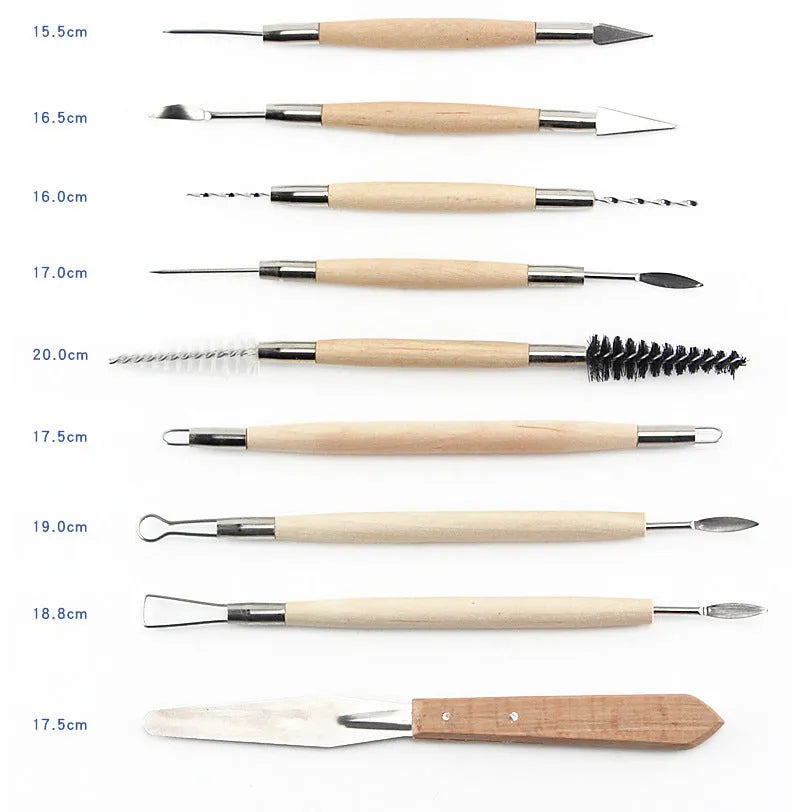 27-piece pottery clay tool set with stainless steel, wood, and plastic tools in a roll-up package