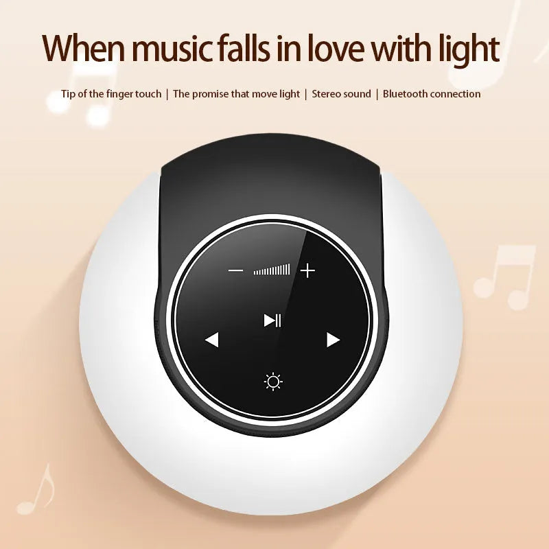 Blue Bluetooth desk lamp speaker with touch controls showing white, yellow, and blue lighting options
