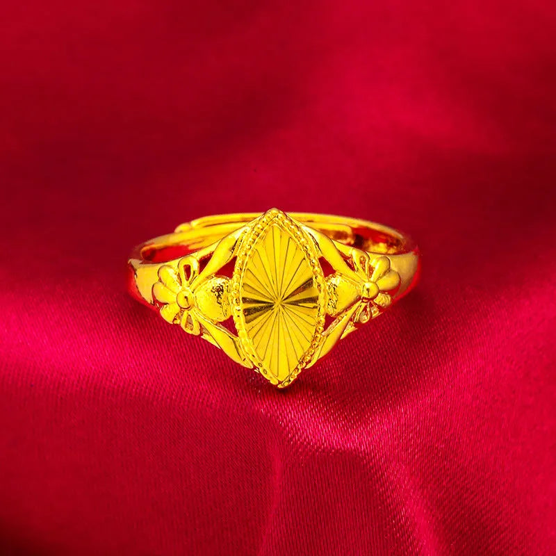 Gold electroplated brass ring with open diamond flower geometric pattern for women