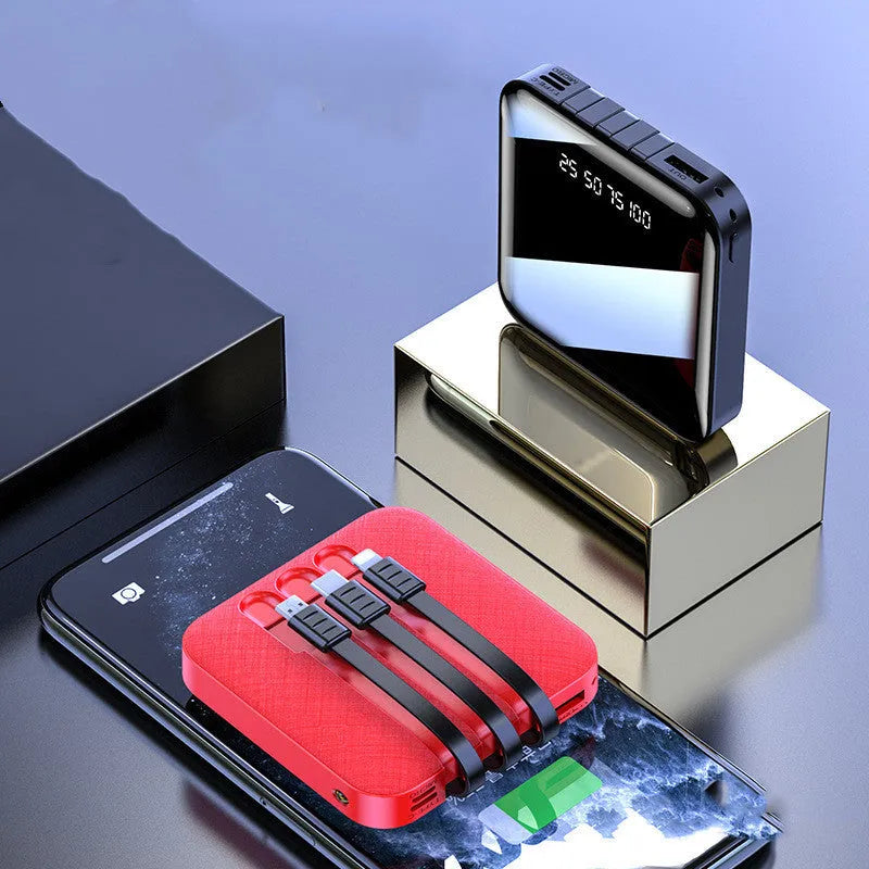 10000mAh power bank with built-in charging cable in black or red plastic case