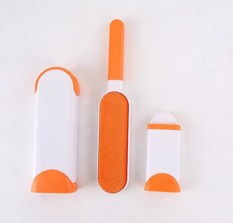 Blue reusable pet hair removal comb with double-sided flannel brush and self-cleaning base for sofas.