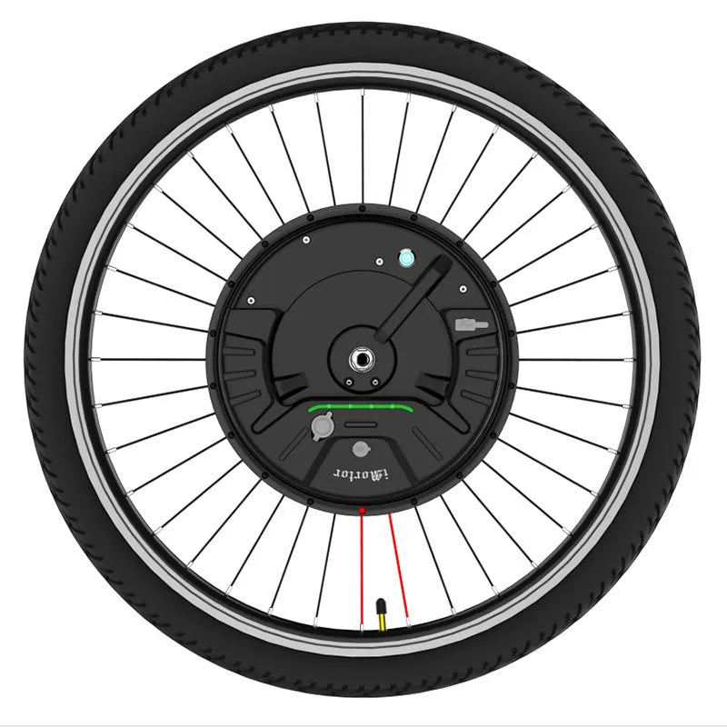 26-inch bicycle electric conversion kit showing alloy hub motor, lithium battery pack, and charger with plug options.