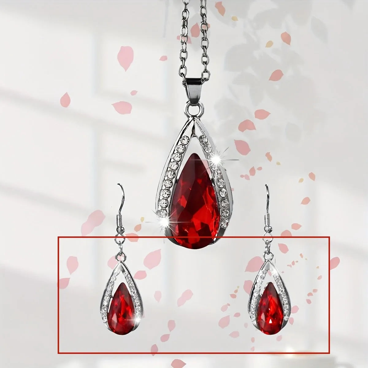 Black or red teardrop glass pendant necklace and matching earrings jewellery set