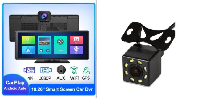 12-inch touch screen car dash cam with front and rear recording cameras displayed on split screen