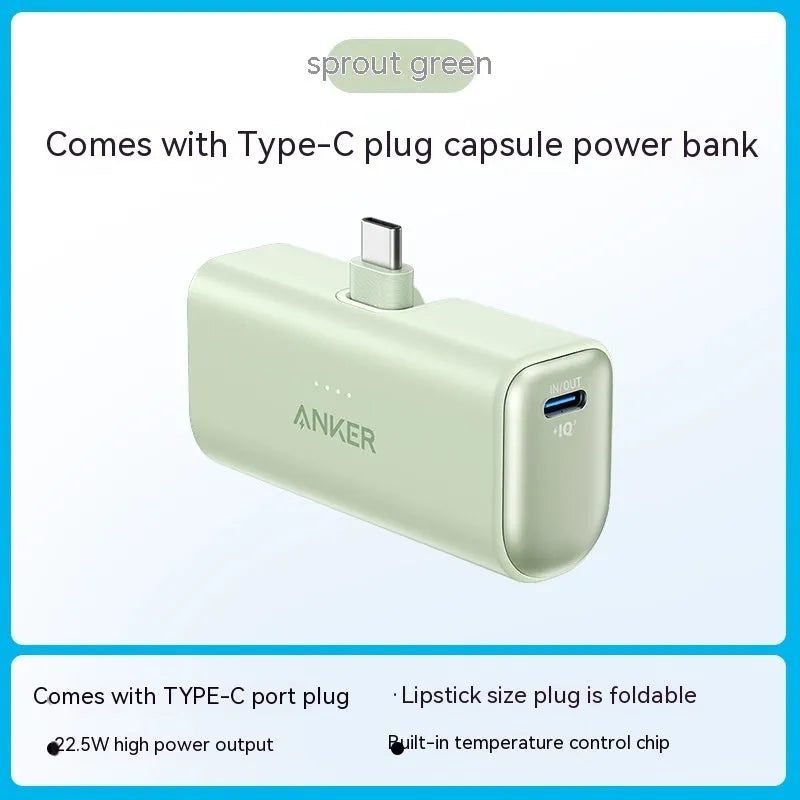 Compact capsule-shaped power bank in various colours with a fold-out USB-C connector.