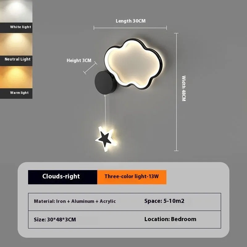 A white cloud-themed children's wall lamp with a left-facing orientation and LED light mounted on a bedroom wall.