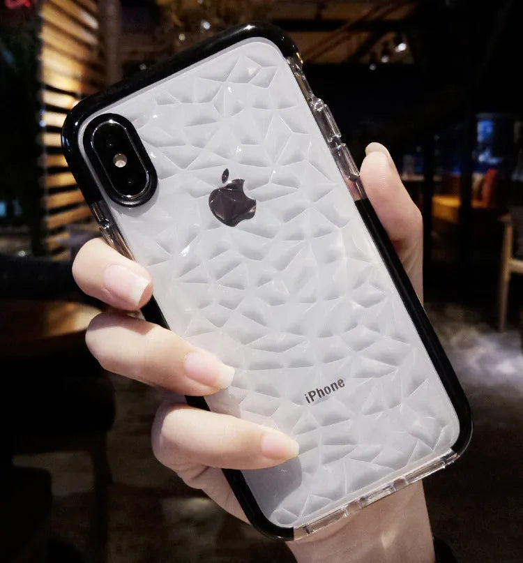 TPU striped back cover phone case for iPhone, shown in pink edge, white edge, and black border colour options.