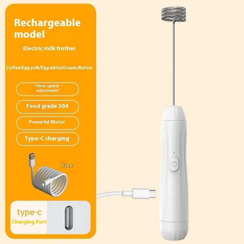Black handheld electric milk frother with stainless steel whisk and USB charging port