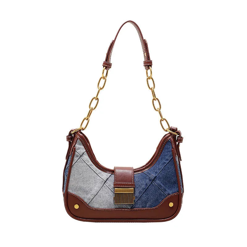 Brown denim women's shoulder bag with diamond chain straps and bucket shape