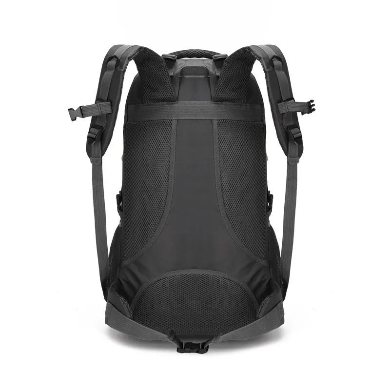 60L black nylon mountaineering backpack with letter print and air pillow belt