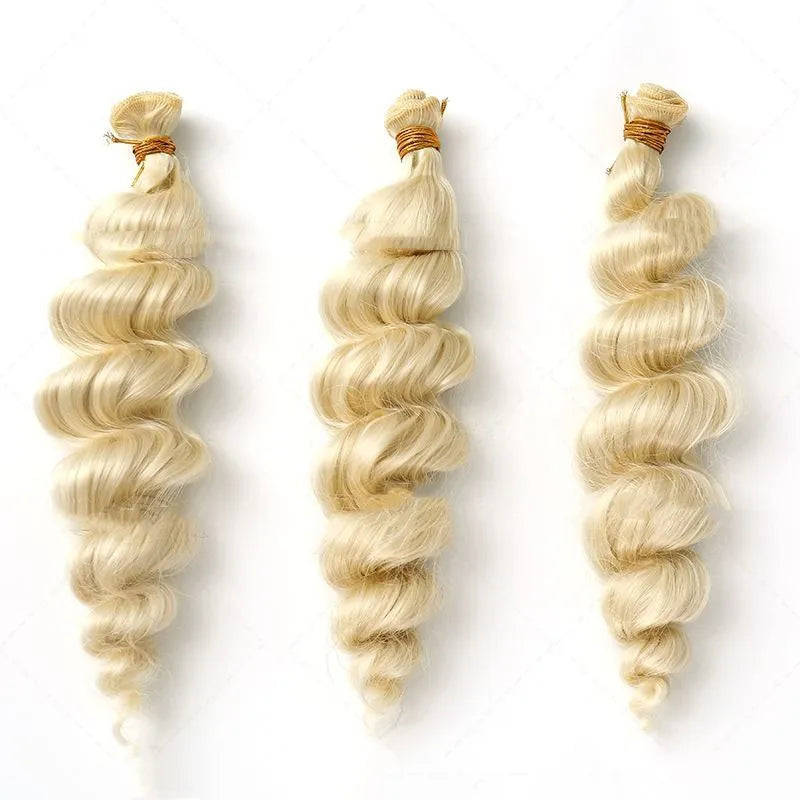Golden synthetic hair weft wig for women shown in 18-inch, 20-inch and 22-inch length options.