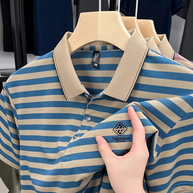 Men's red striped short sleeve t-shirt with mosaic pattern detail on a mannequin.