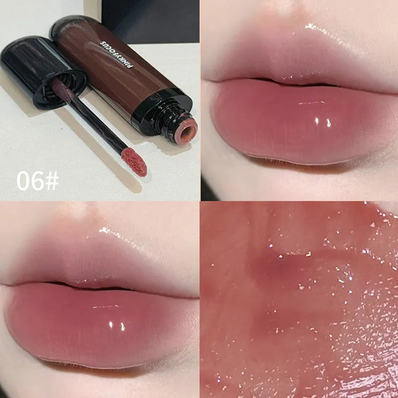 Black Shiny Makeup Mirror Lip Lacquer tube showing six colour options including tomato, orange brown, brown, rose, red, and sweet potato shades