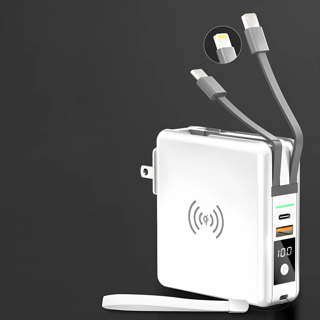 Black or white 10000mAh power bank with wireless charging and four international plug adapters