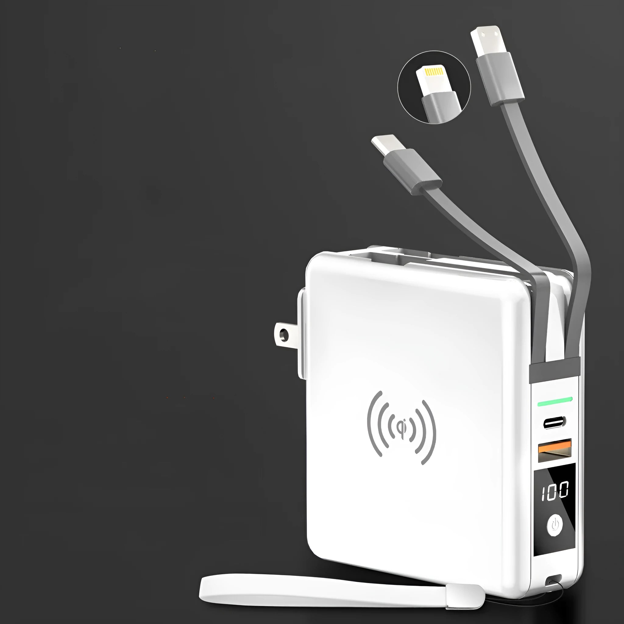 Black or white 10000mAh power bank with wireless charging and four international plug adapters