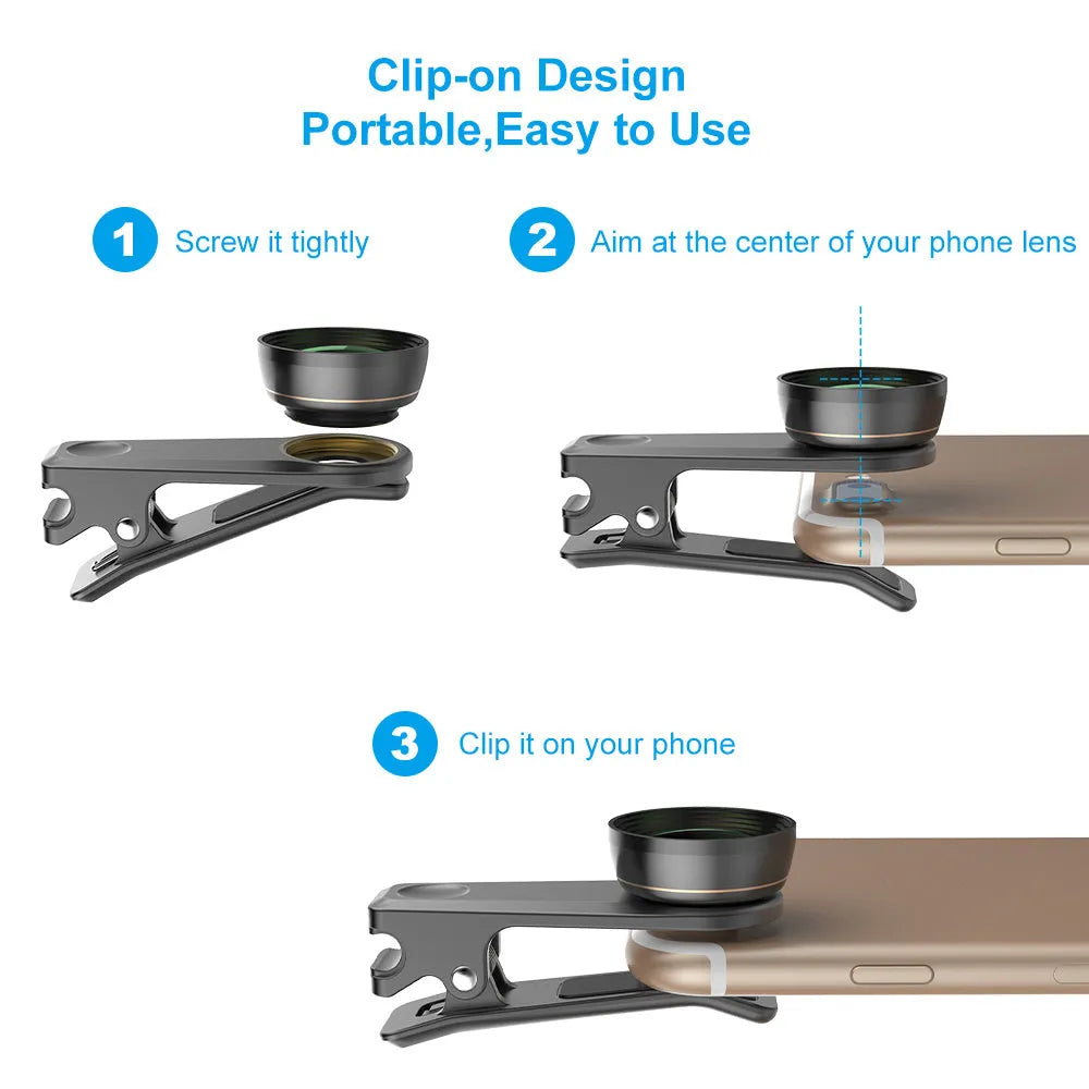 Black 6-in-1 smartphone camera lens kit with fisheye, wide-angle, telephoto, macro, CPL, and star filters on a universal clip.
