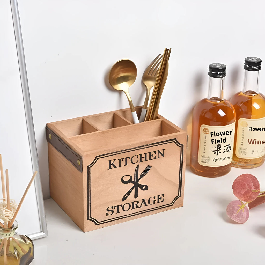 Wooden kitchen storage box with grid dividers for knives forks chopsticks