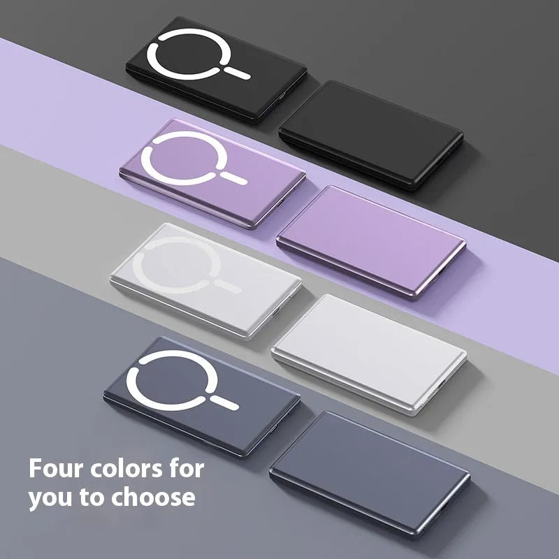 Ultra-thin magnetic power bank in dark gray, silver, black, or violet colour with alloy shell.
