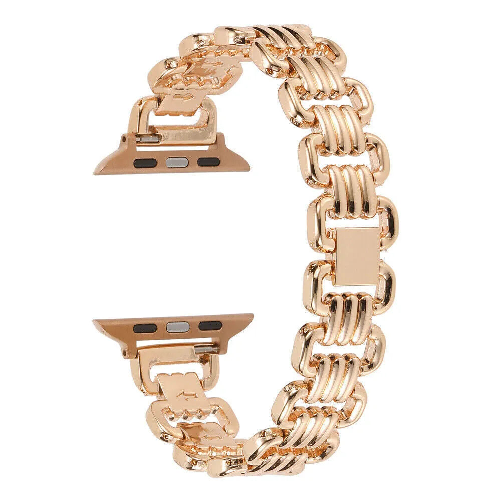 Alloy metal Apple Watch replacement band in silver, black, gold, rose gold, and starlight colours.