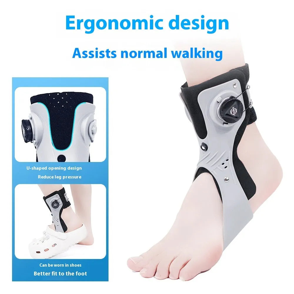 Grey or black ankle fixation brace with airbag button support showing left and right foot models