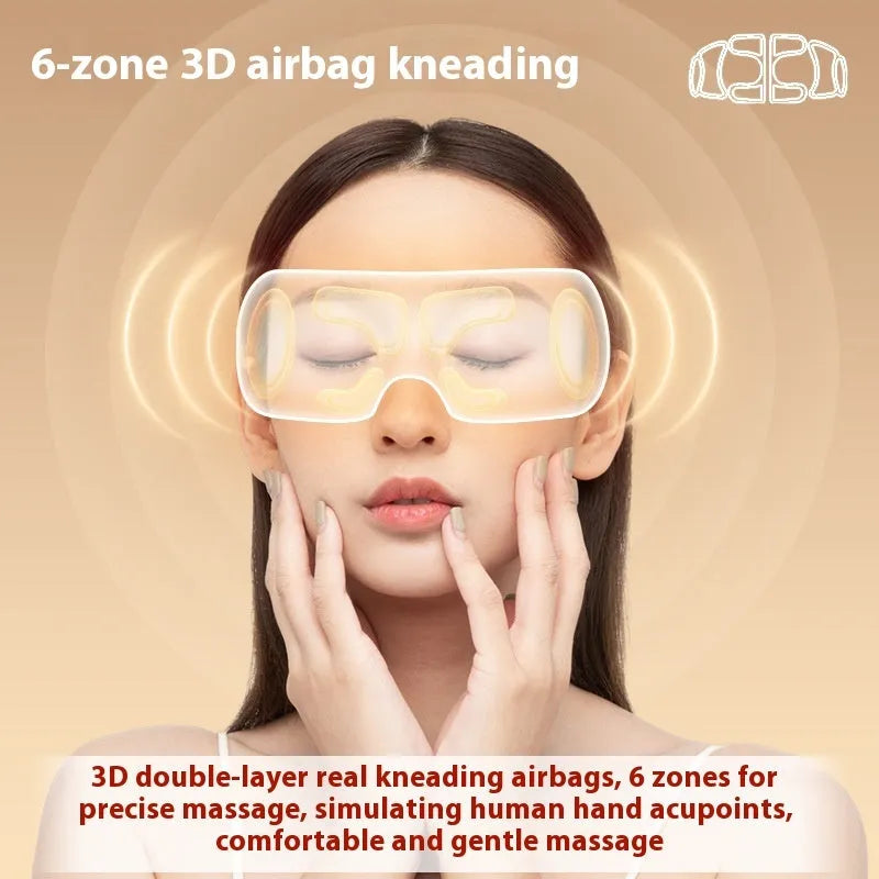 White rechargeable eye massager with airbag massage and hot compress functions for relieving eye fatigue