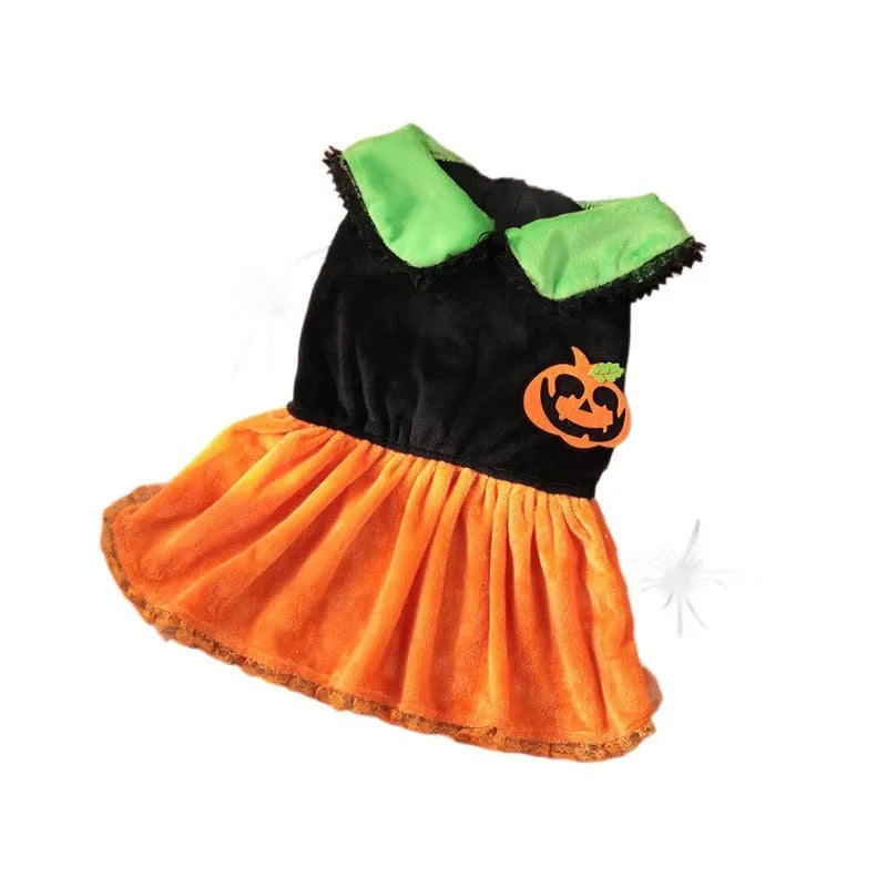 Crystal velvet Halloween pumpkin skirt costume for dogs and cats on mannequin