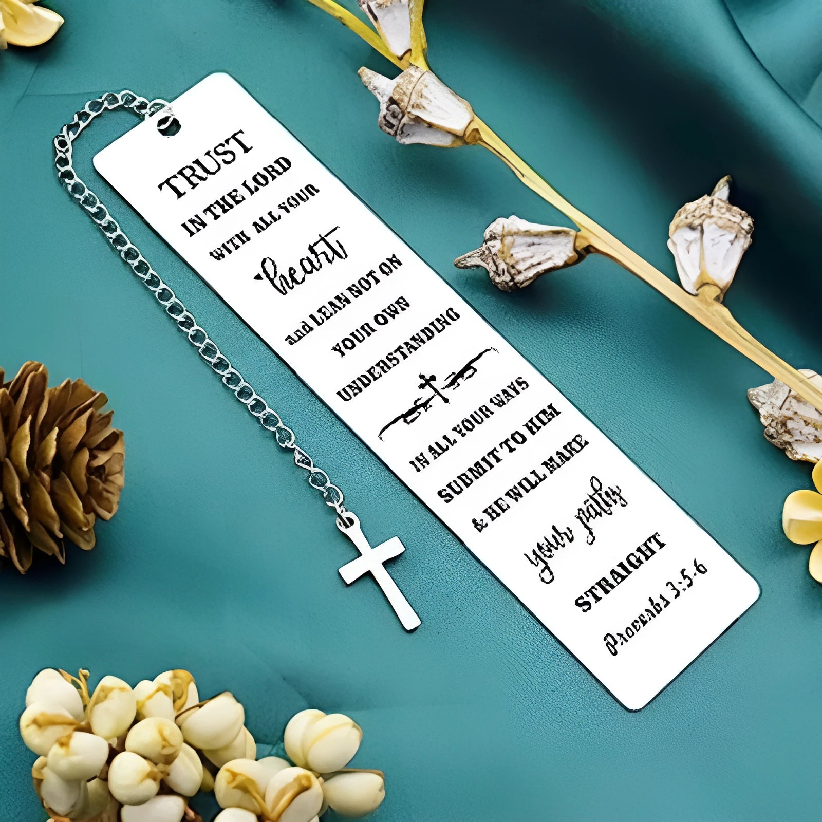Stainless steel bible verse bookmark with European style design measuring 20.5cm