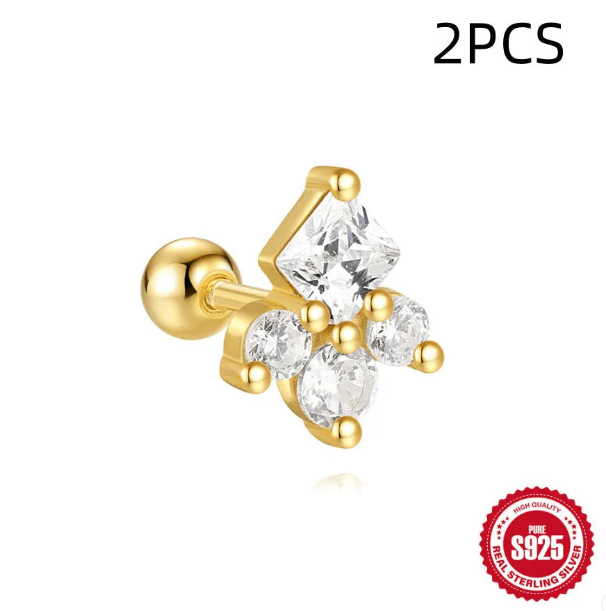 S925 sterling silver stud earrings with red square gravel stones and flower design in gold finish