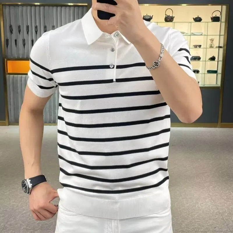 Black and white striped knitted t-shirt with a lapel neckline, shown in a pullover style.