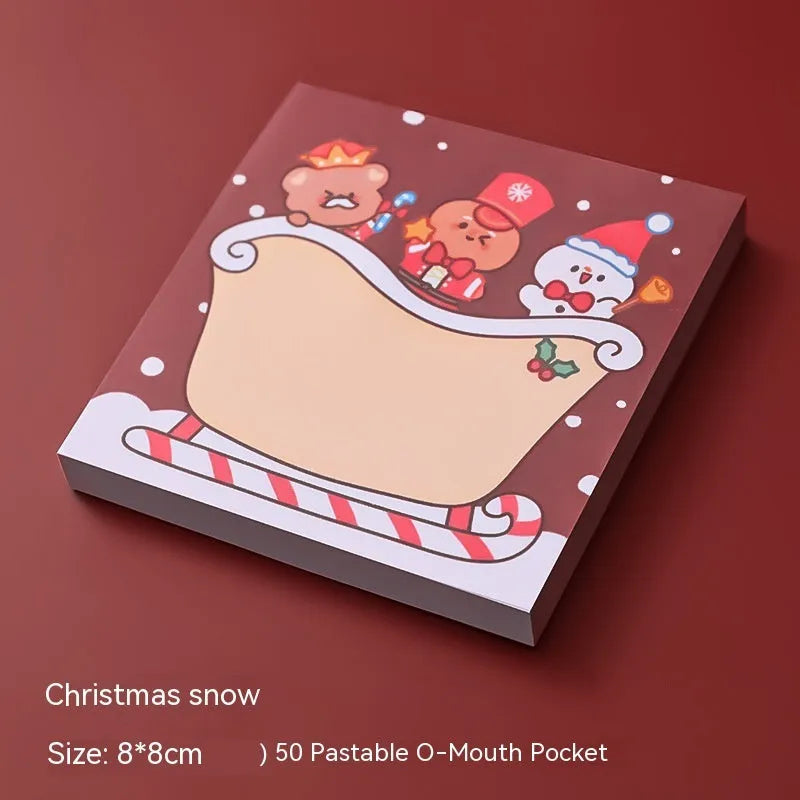 Christmas cartoon sticky notes stationery book with holiday designs including elf, gift, sled and Santa Claus