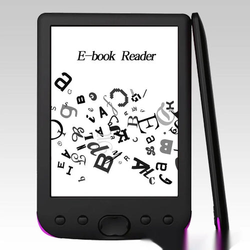 Black 6-inch E-ink screen e-book reader showing book display interface