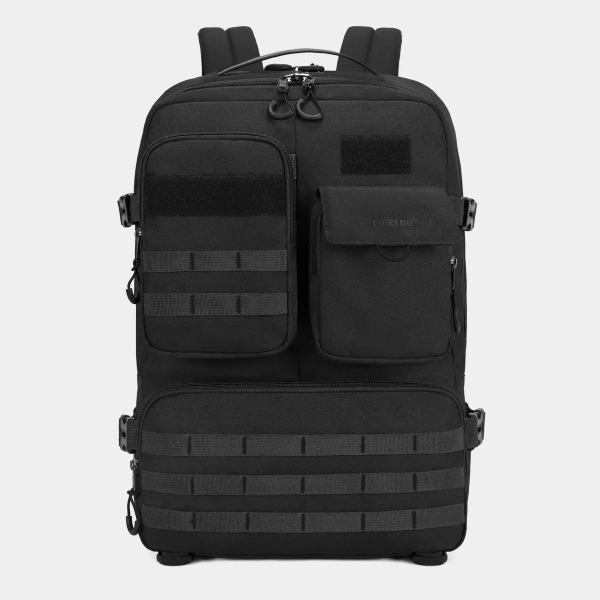 Army green tactical backpack with waterproof nylon construction showing 17-inch frame and adjustable straps
